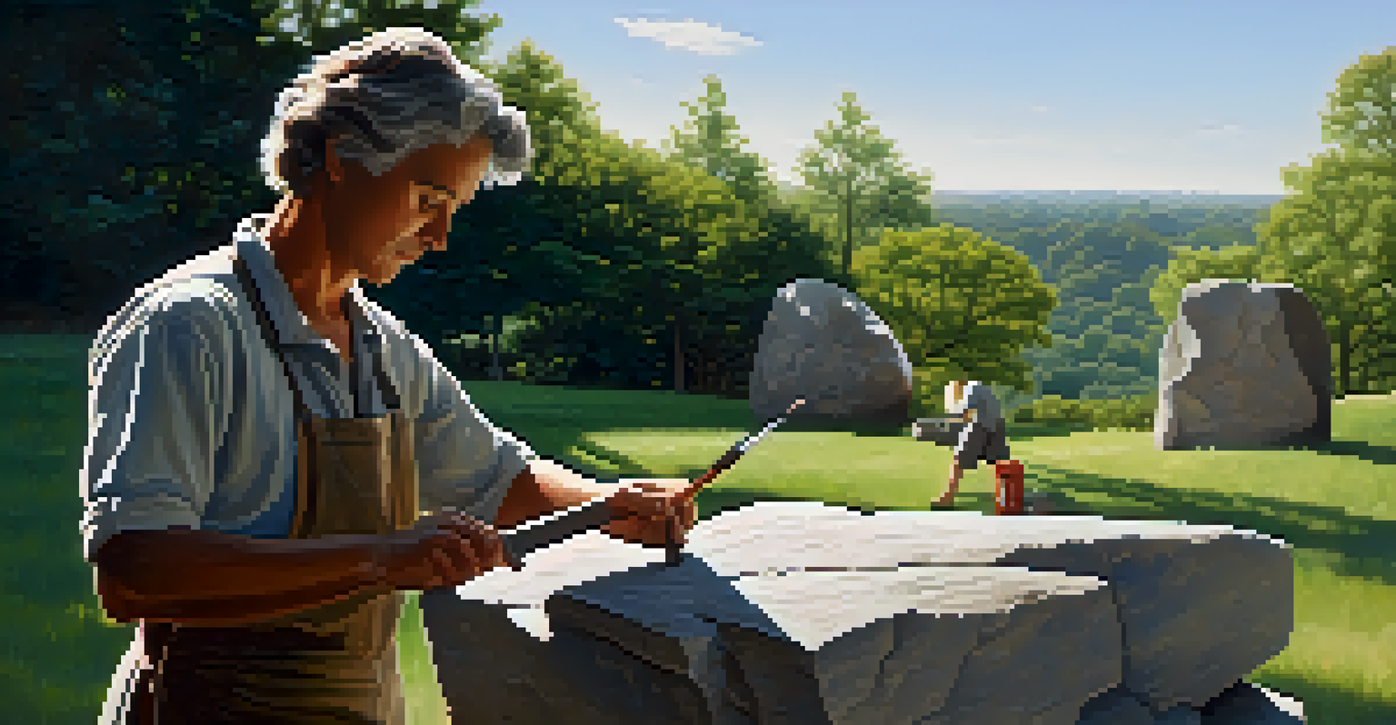 A sculptor chiseling a stone block outdoors, tools beside them and sunlight creating gentle shadows.
