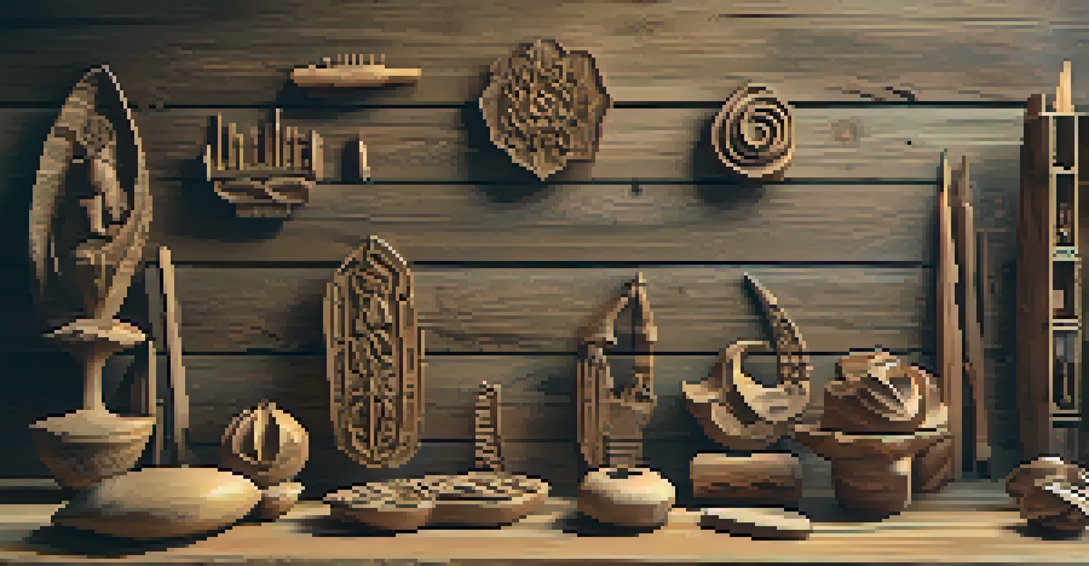 Finished wooden carvings displayed on a rustic table, with tools beside them, highlighting their craftsmanship.
