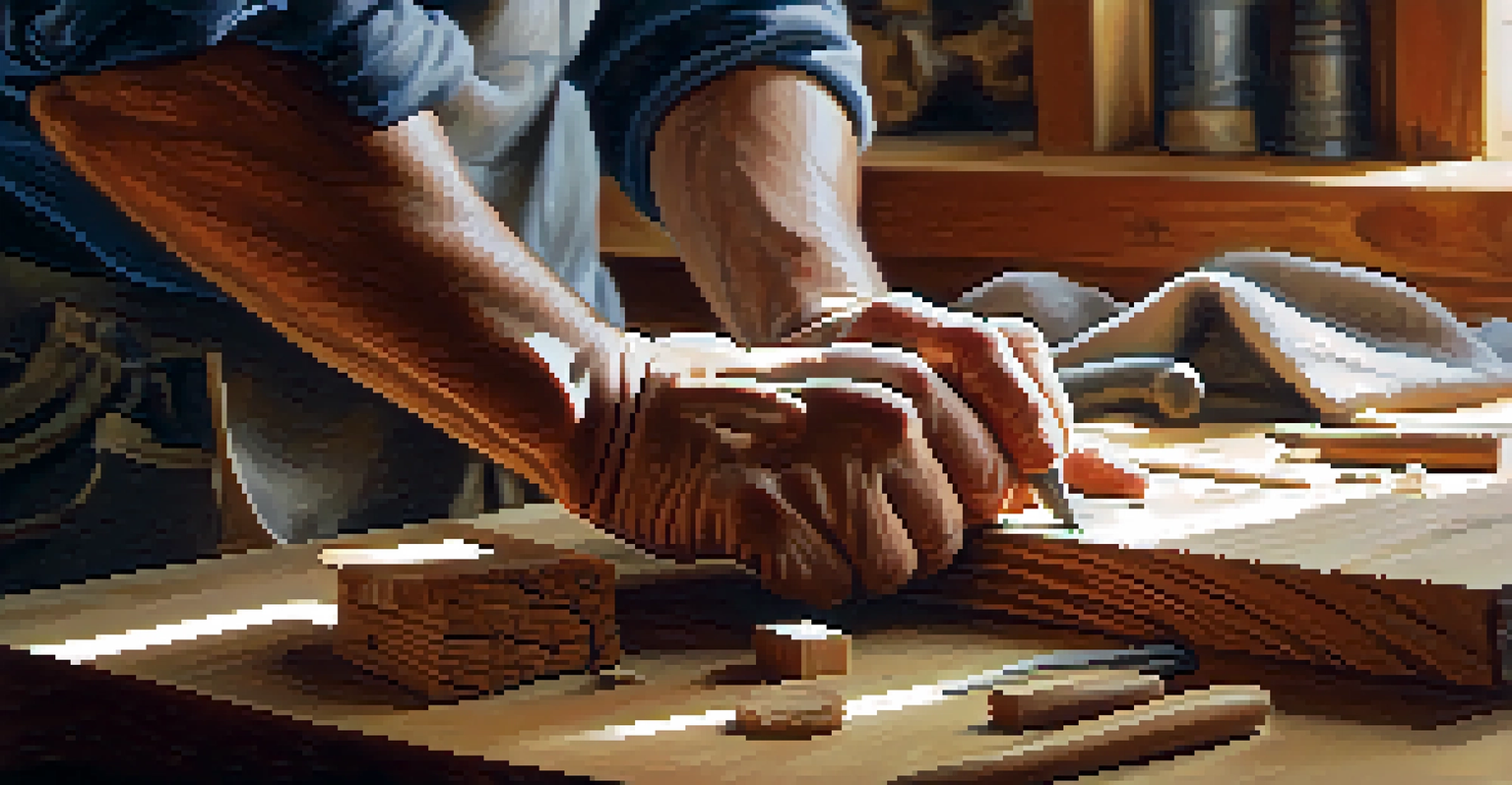 Close-up of hands using a chisel on wood, showing wood textures and shavings.