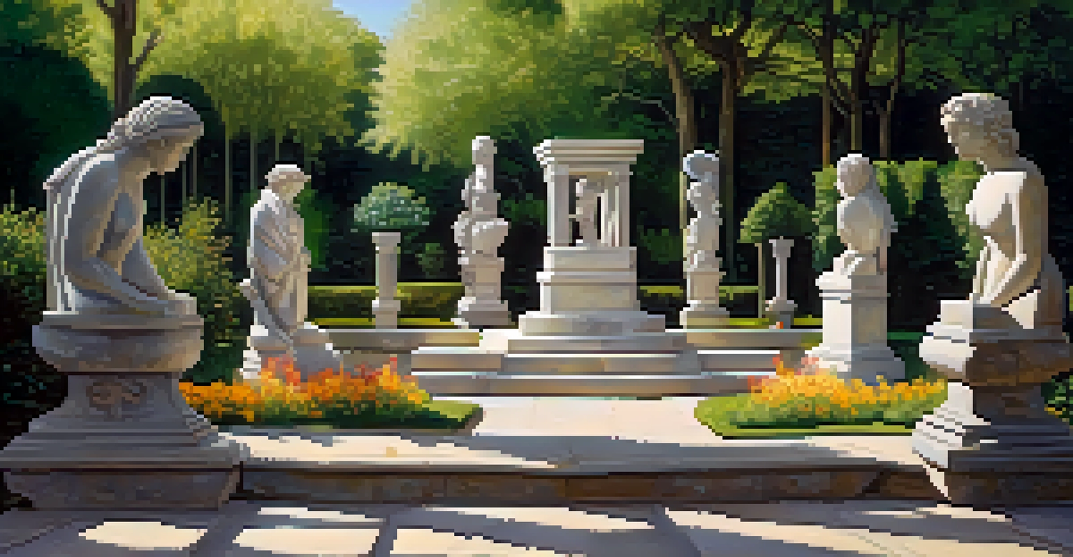 A beautiful garden displaying various stone sculptures made from marble, granite, and limestone, set against a backdrop of greenery and flowers.