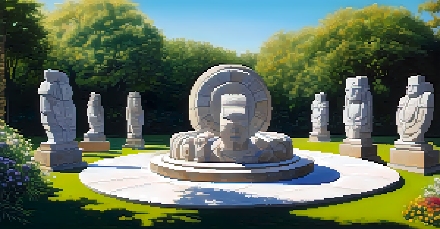 An outdoor exhibit of large stone sculptures inspired by ancient civilizations, surrounded by flowers and greenery.