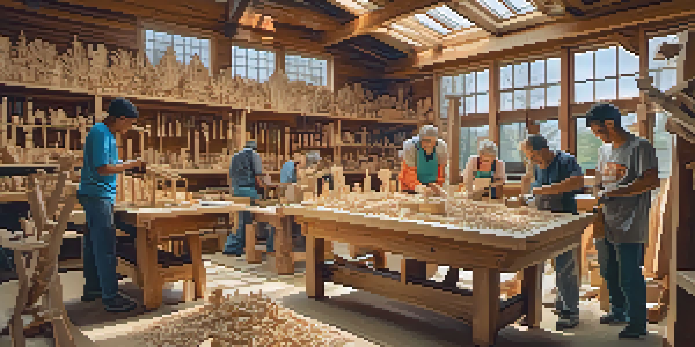 A lively workshop where people of different ages are engaged in carving wooden sculptures, with tools and colorful carved items visible.