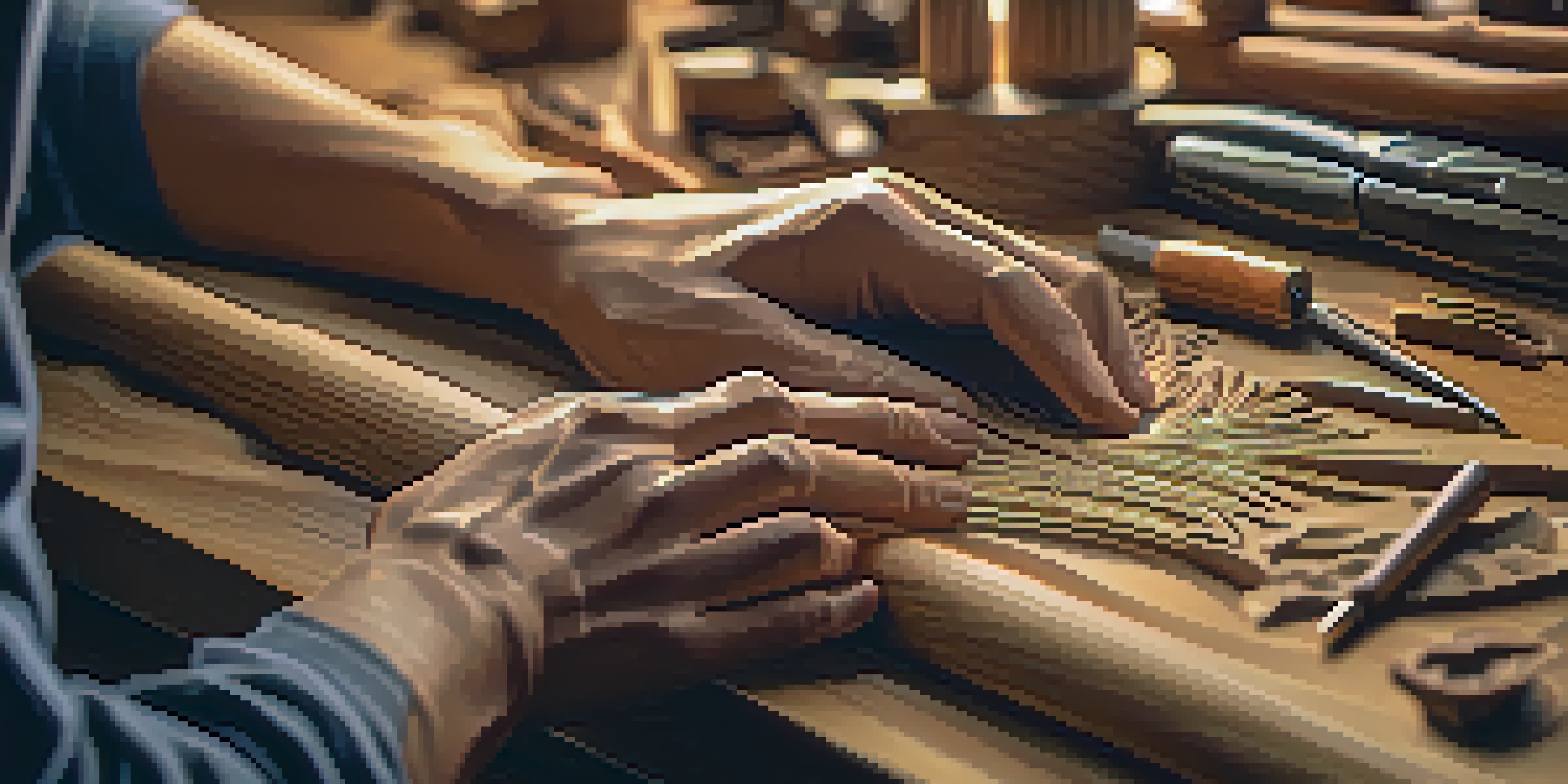 A close-up of an artist's hands carving a wooden sculpture with tools, highlighting the intricate details of the wood and the artist's skill.