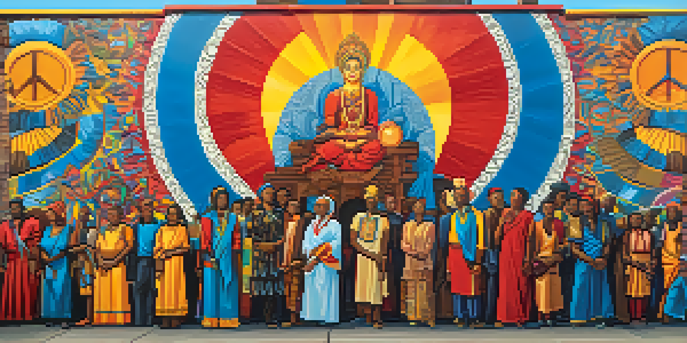 A colorful mural showing diverse community figures united in solidarity, with various symbols of peace and justice.