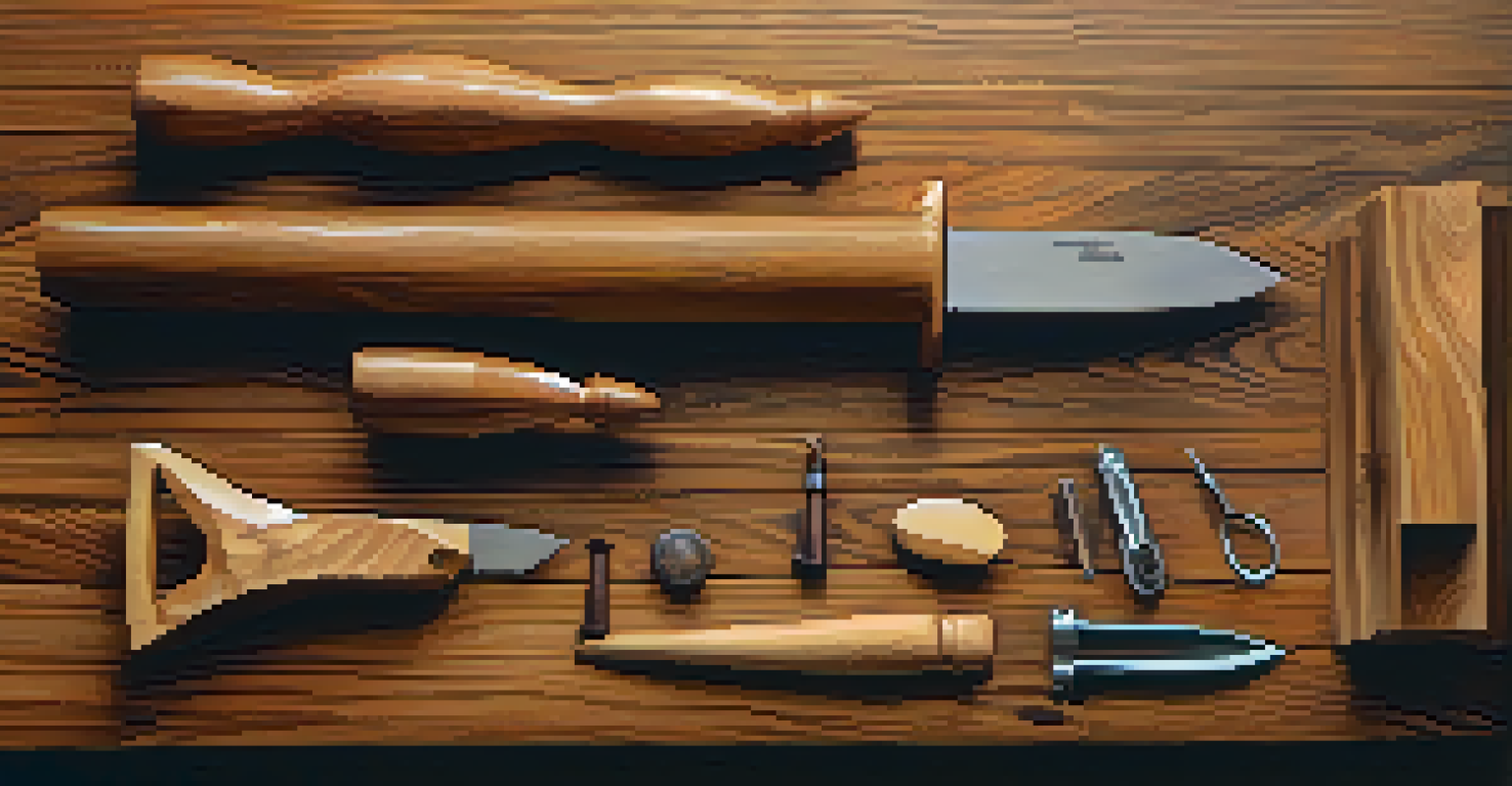 A detailed close-up of a carved wooden figure on a wooden table, with carving tools nearby and warm lighting.