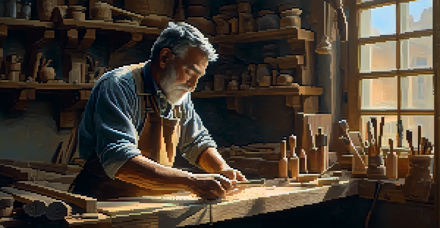 Artisan carving wood in a workshop, surrounded by tools and natural light filtering through a window.