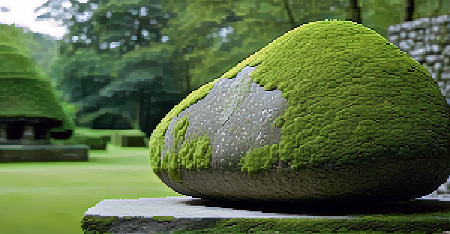 A close-up of a stone carved sculpture covered in moss, with sunlight illuminating its textured surface against a blurred green background.