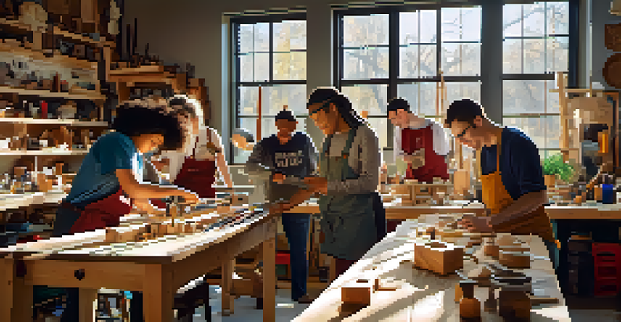 A diverse group of individuals actively participating in a carving workshop, with colorful tools and materials around them, and warm sunlight illuminating the space.
