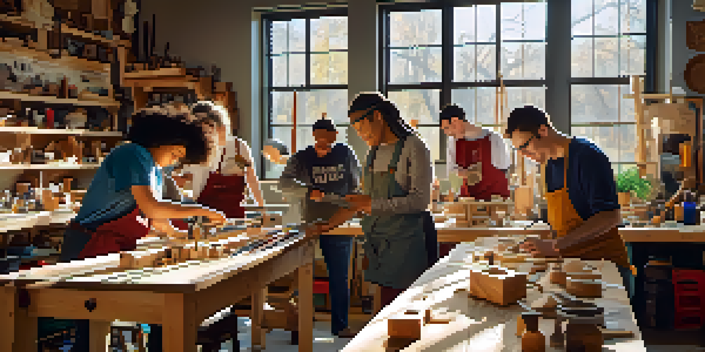 A diverse group of individuals actively participating in a carving workshop, with colorful tools and materials around them, and warm sunlight illuminating the space.