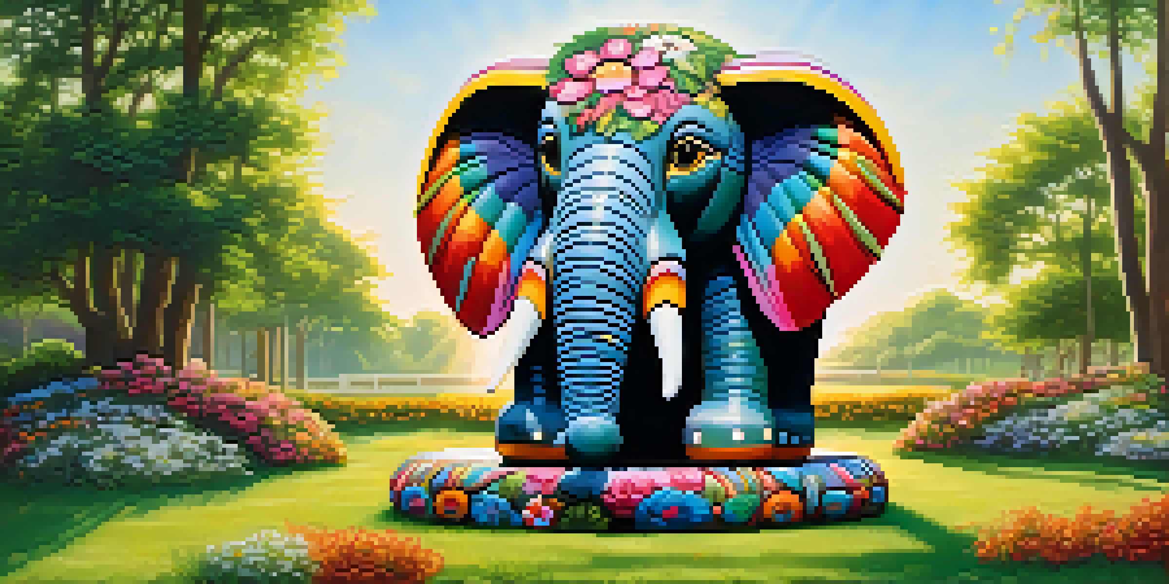 A large, colorful tire sculpture shaped like an elephant, set in a green garden with flowers and sunlight casting shadows.