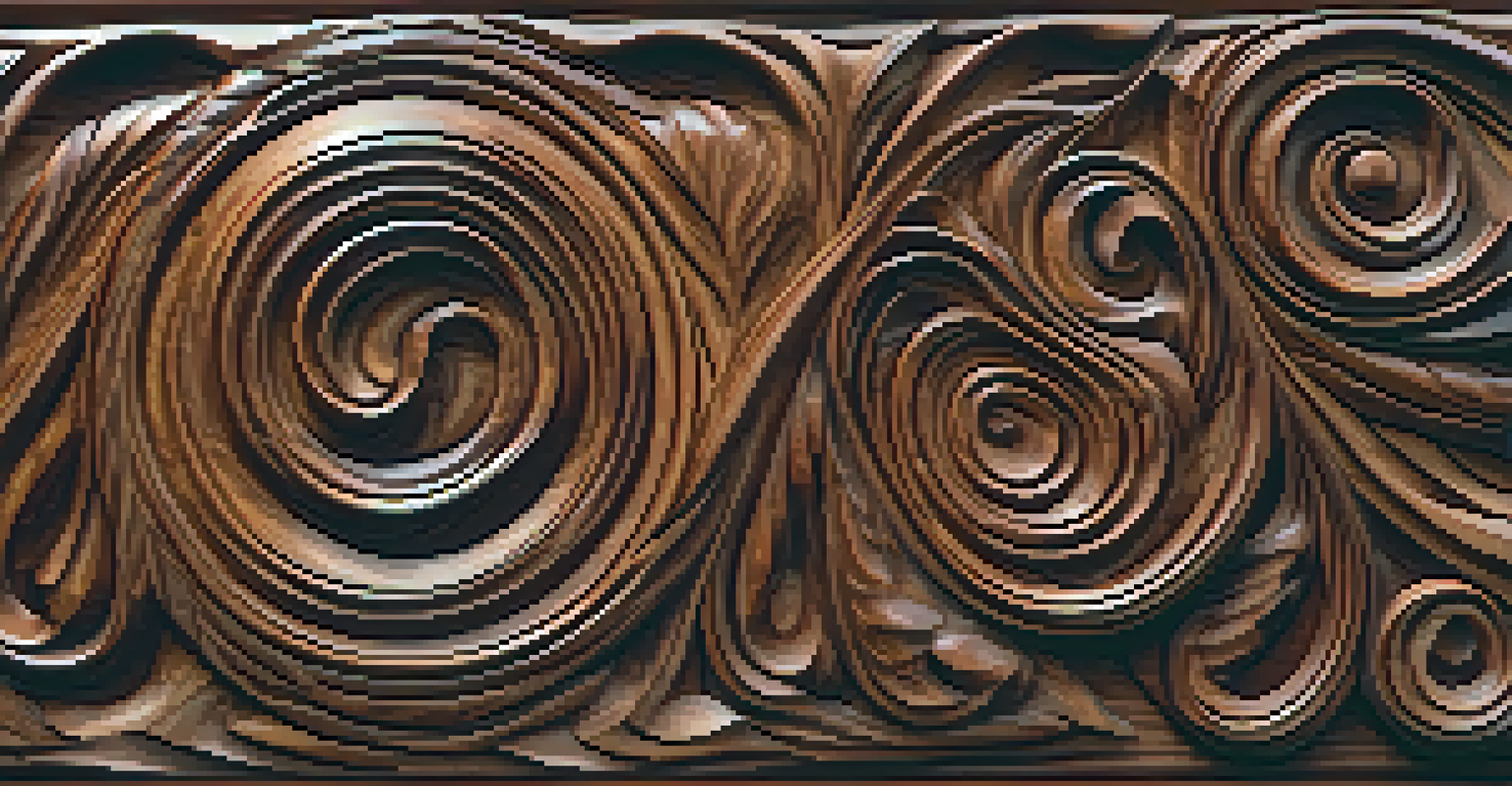 A close-up of a polished mahogany surface, showcasing intricate carvings and swirling grain patterns in soft focus.