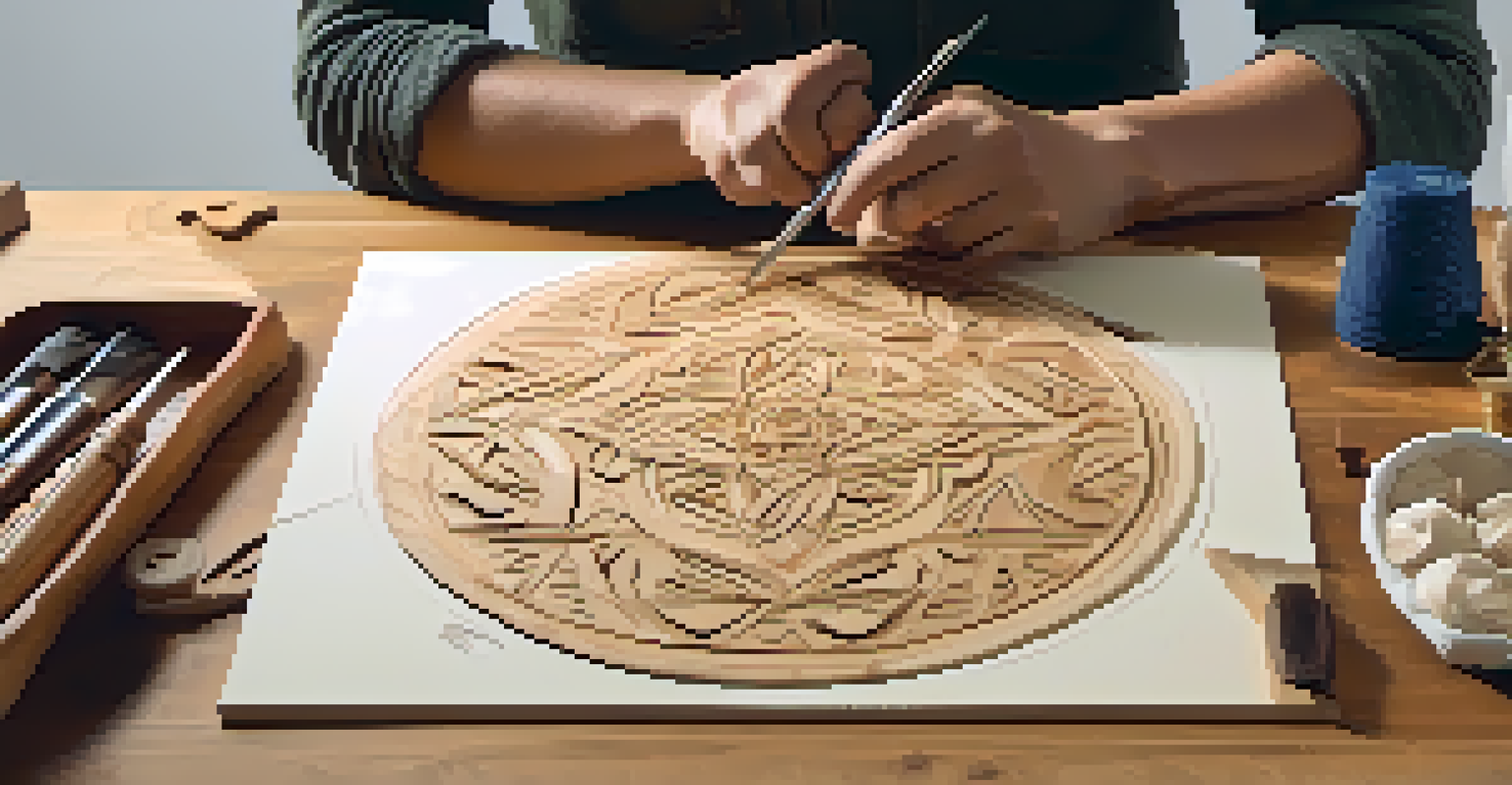A beginner chip carver working on wood with a knife, surrounded by practice patterns and a notebook.