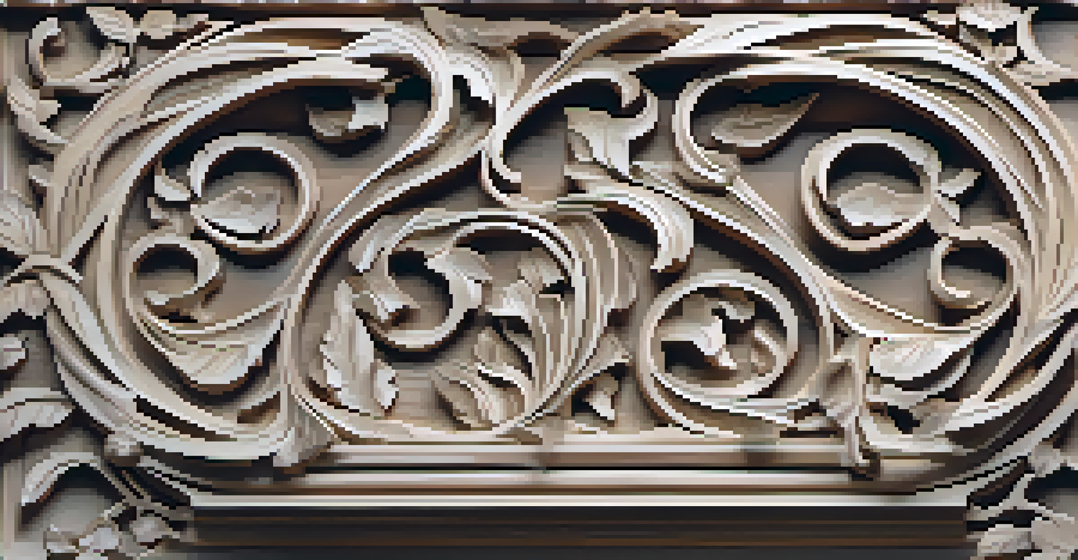 An ornate wooden carving of swirling vines and leaves, displaying intricate patterns with a matte finish and soft lighting.