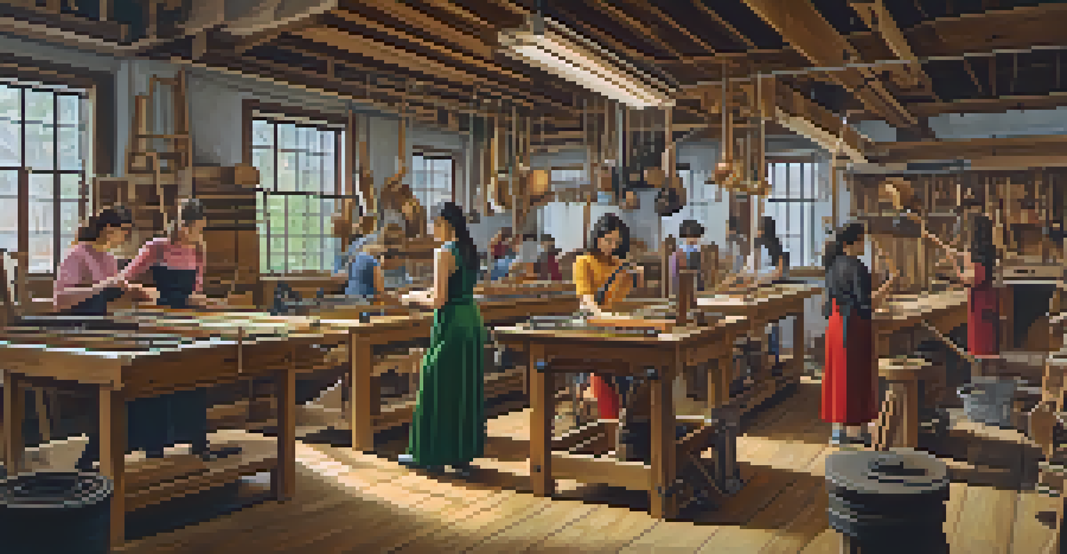 A group of women collaborating in a woodworking workshop, each working on different musical instruments, surrounded by tools and completed works.