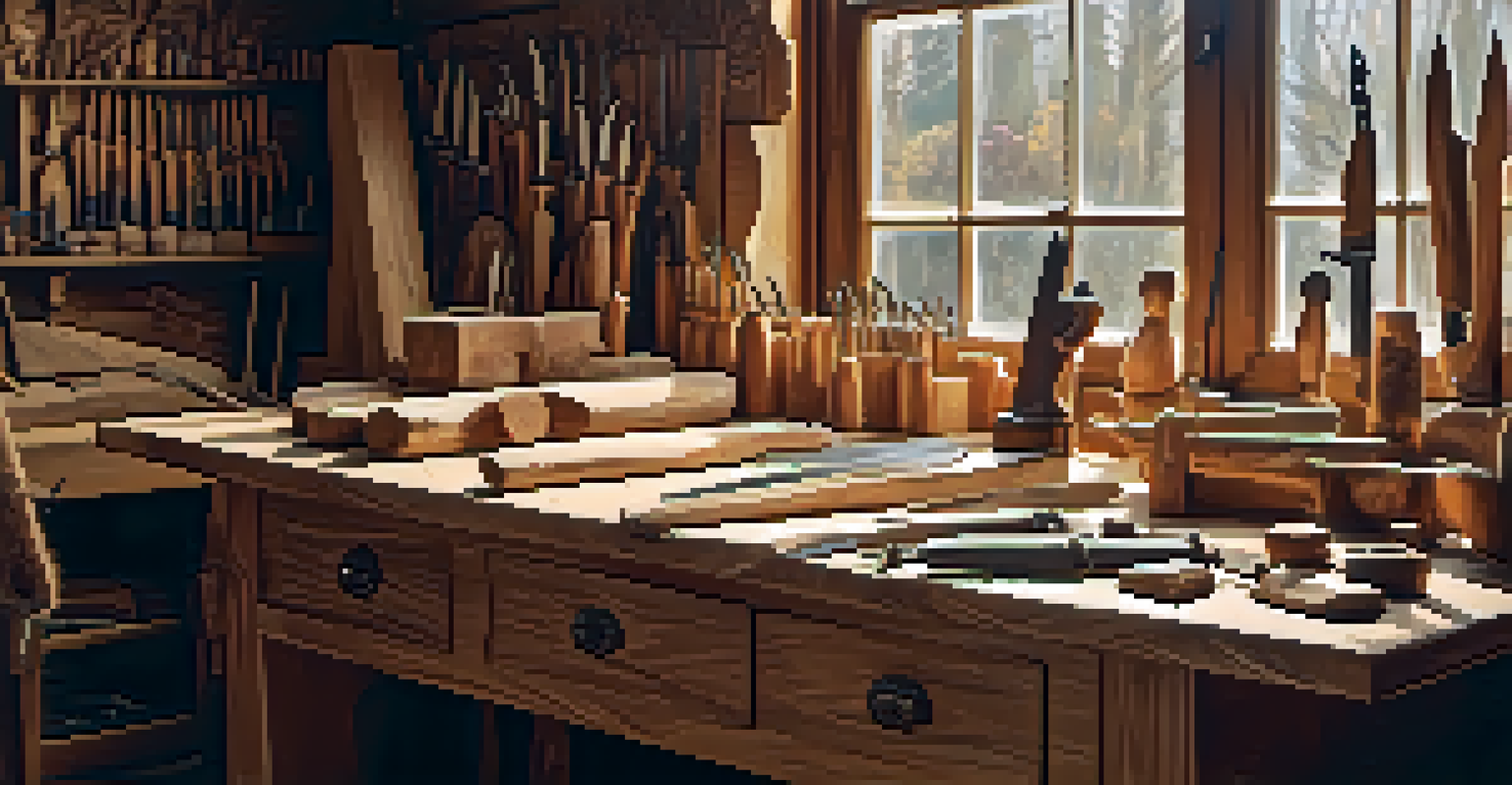 An interior view of a cozy wood workshop with tools and finished sculptures on display.