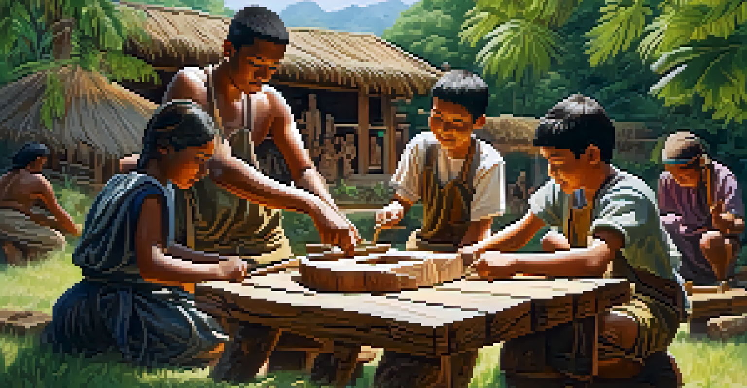 Young artisans in a traditional carving workshop outdoors, engaged in creating wooden figures amidst greenery.
