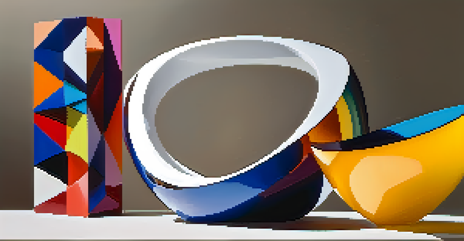 A colorful acrylic sculpture with dynamic shapes and smooth surfaces, set against a neutral background, showcasing reflections.