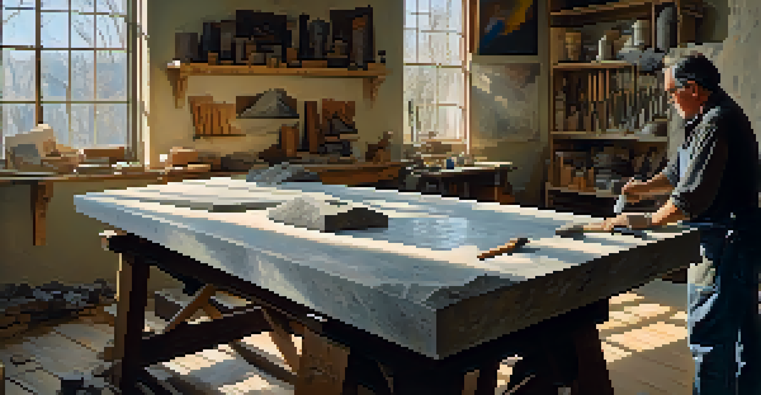 An artist chiseling a block of granite in a workshop, surrounded by tools and sculptures, with sunlight illuminating the scene.