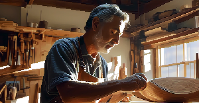 An artisan working on a wooden sculpture in a well-lit workshop, showcasing the wood grain and carving tools.