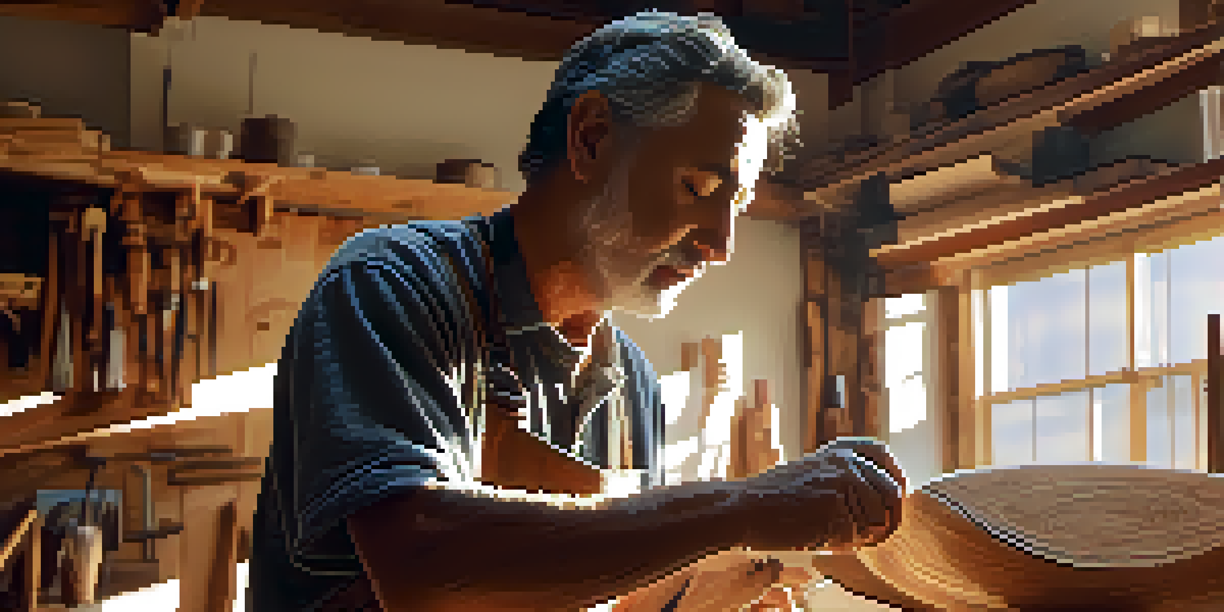 An artisan working on a wooden sculpture in a well-lit workshop, showcasing the wood grain and carving tools.