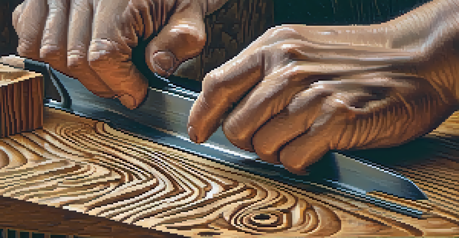 Close-up of hands carving wood, showcasing tools and intricate wood details.
