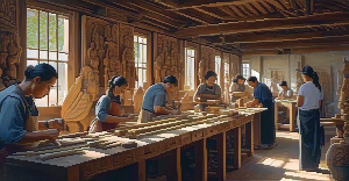A diverse group of artisans in a bright workshop, working on wood and stone carvings, with tools and cultural artifacts around them.