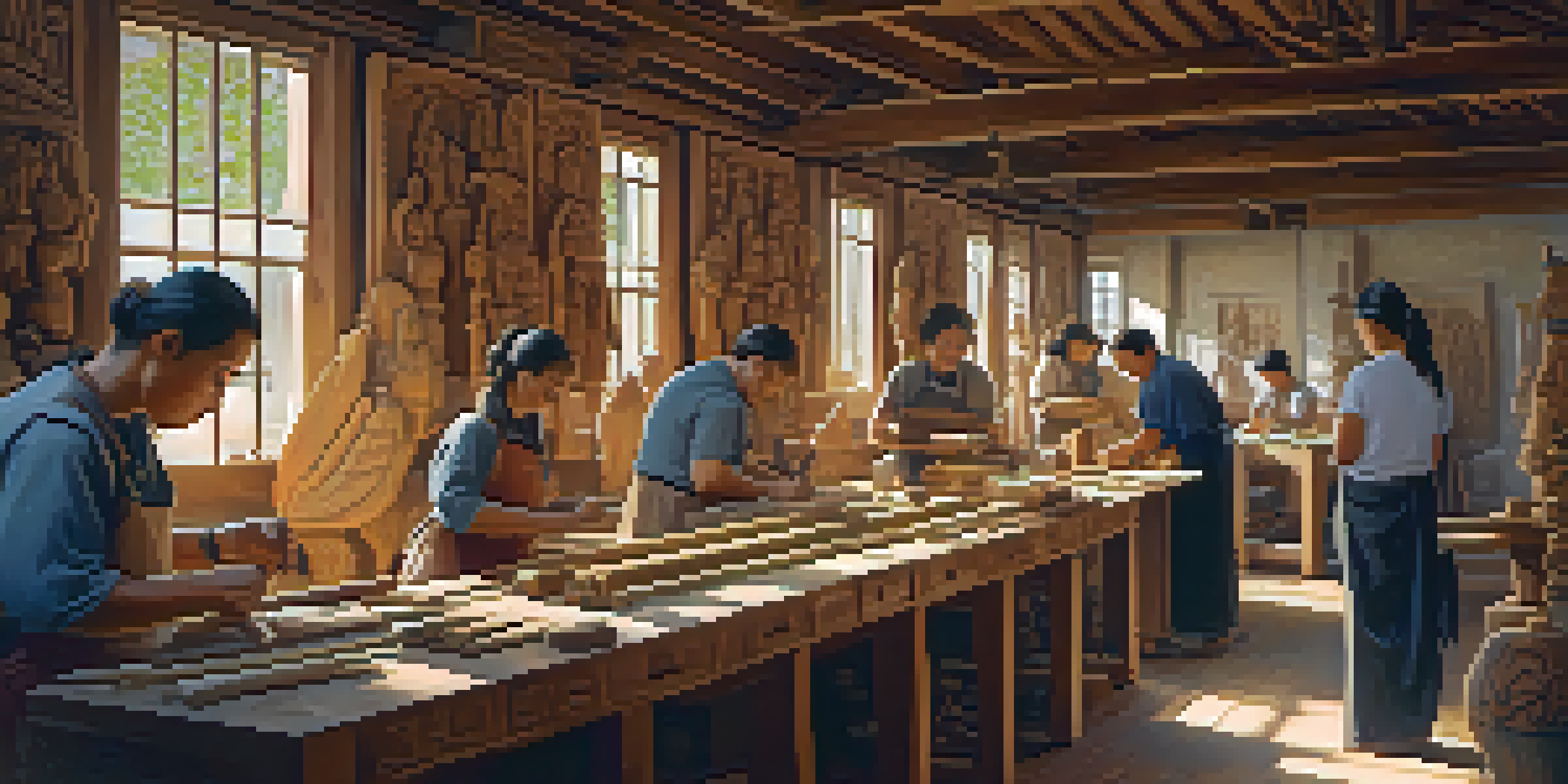 A diverse group of artisans in a bright workshop, working on wood and stone carvings, with tools and cultural artifacts around them.