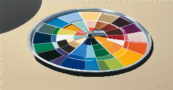 A colorful artistic representation of a color wheel with primary, secondary, and tertiary colors against a soft beige background.