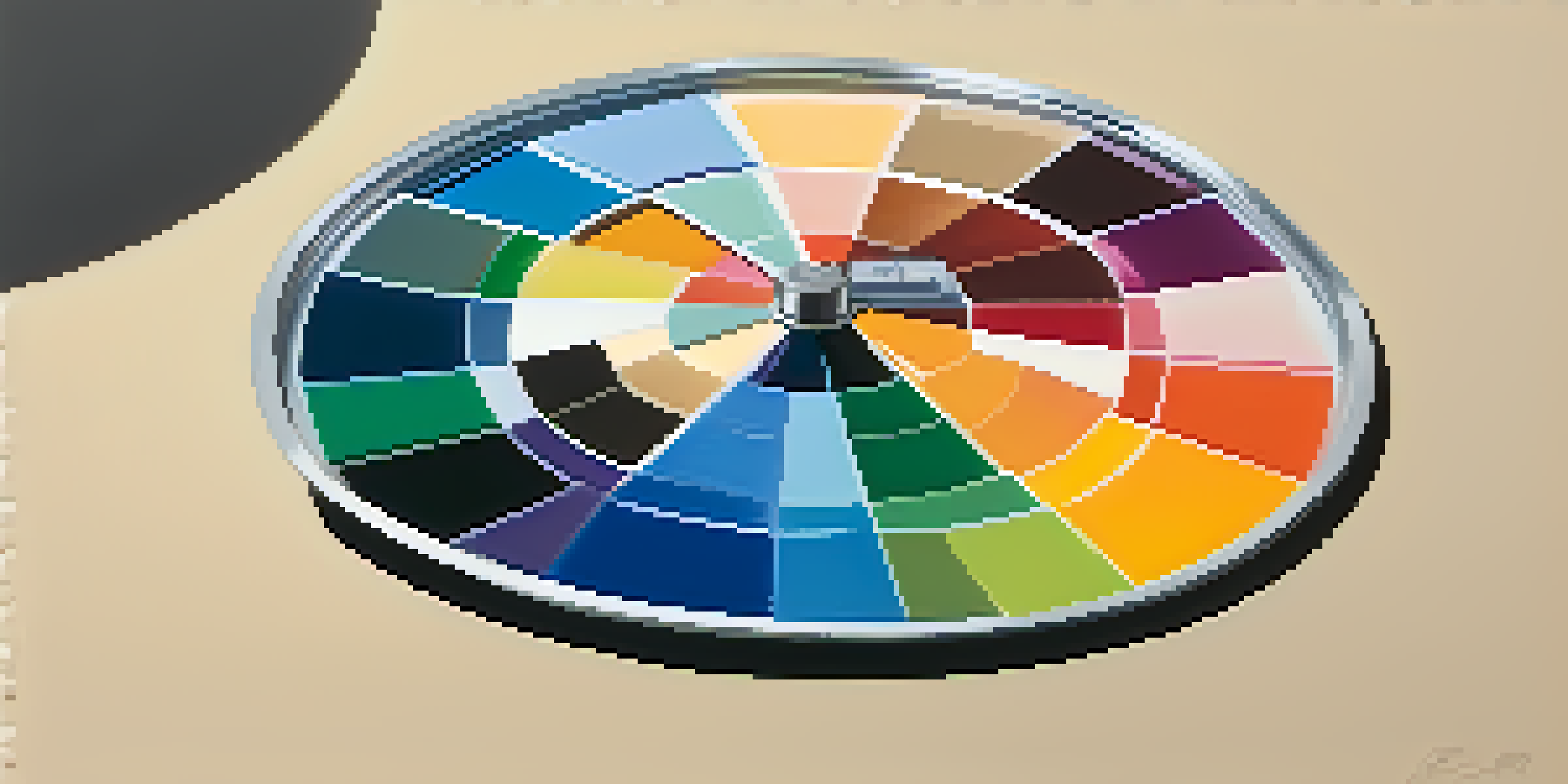 A colorful artistic representation of a color wheel with primary, secondary, and tertiary colors against a soft beige background.