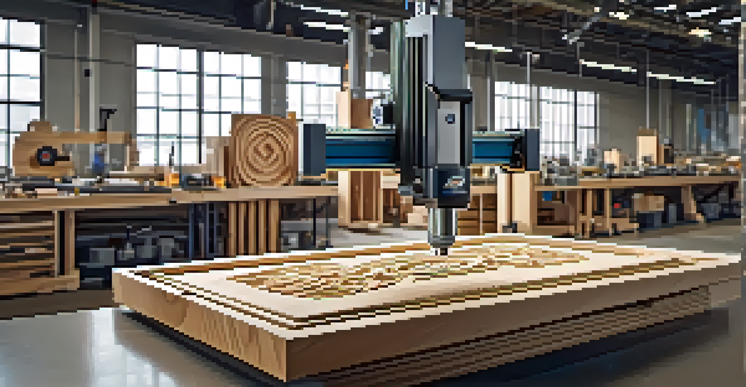 A CNC machine carving a geometric design into wood in a modern workshop, with digital screens and tools around.