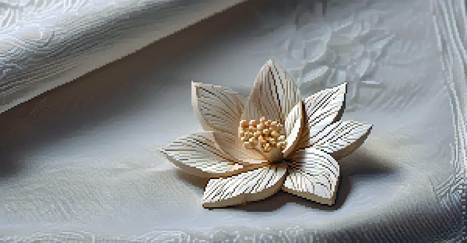 A close-up of a finely carved wooden flower, highlighting intricate details, set against a soft fabric background with natural light.