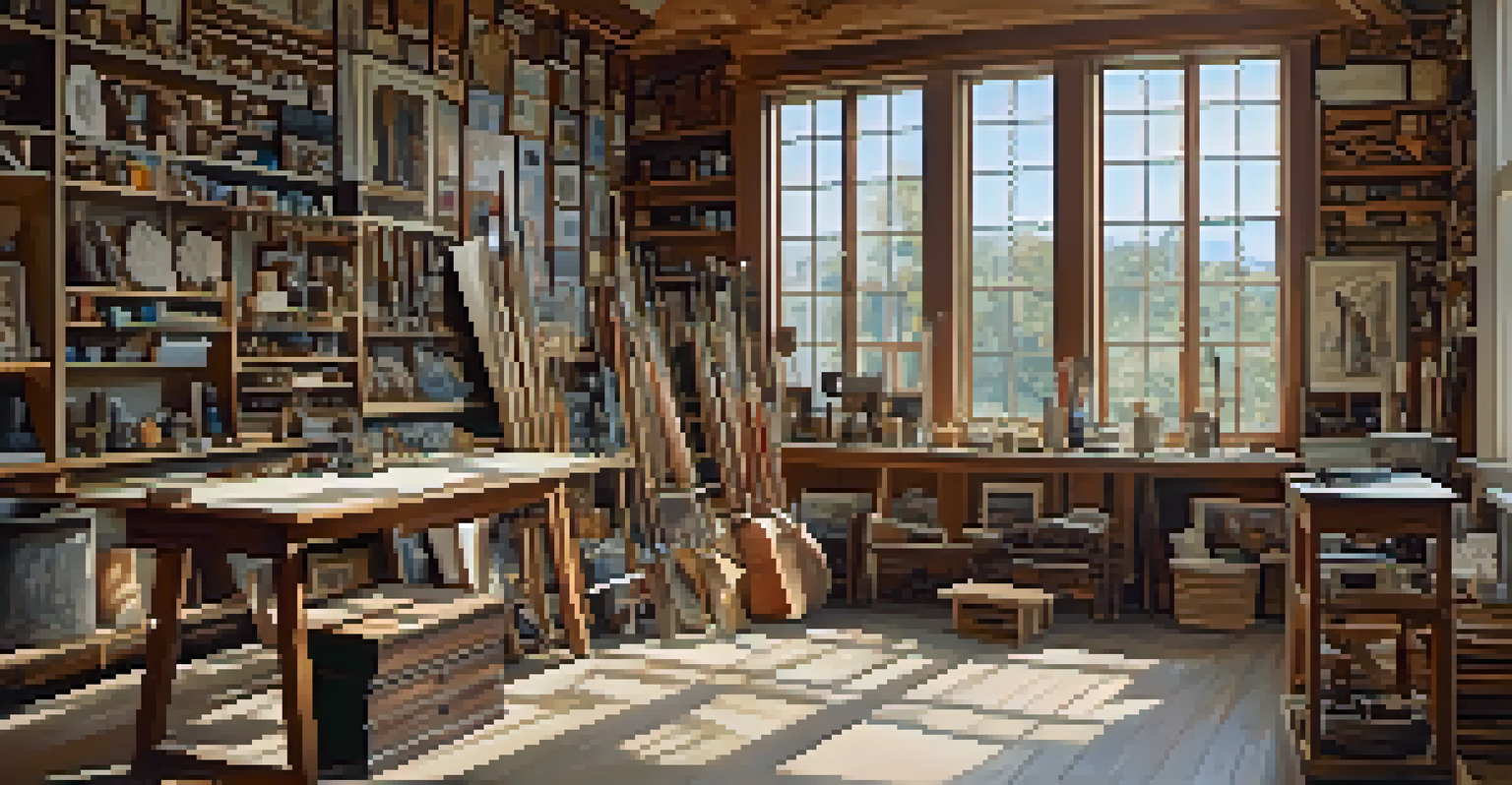 An artist's studio filled with various locally sourced materials, well-lit with natural light, featuring finished artworks on the walls.