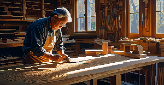 A woodcarver working in a bright workshop, surrounded by tools and wood shavings, concentrating on carving patterns into cedar wood.