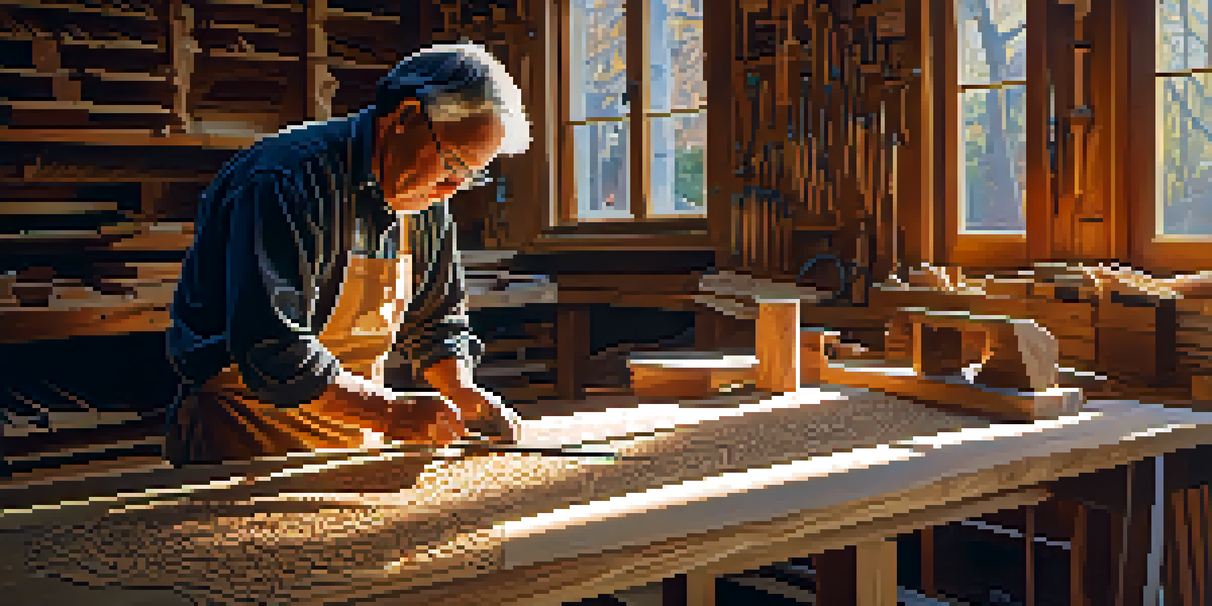 A woodcarver working in a bright workshop, surrounded by tools and wood shavings, concentrating on carving patterns into cedar wood.