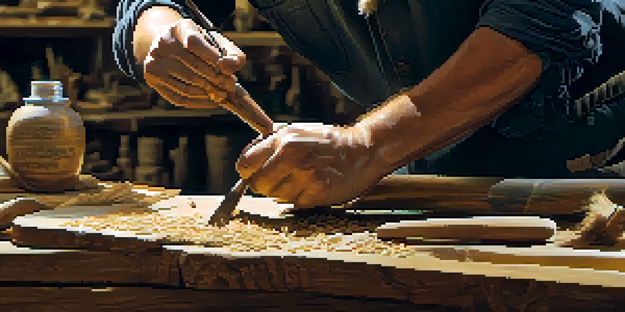 A conservator's hands carving a wooden artifact in a workshop filled with restoration tools and artifacts.