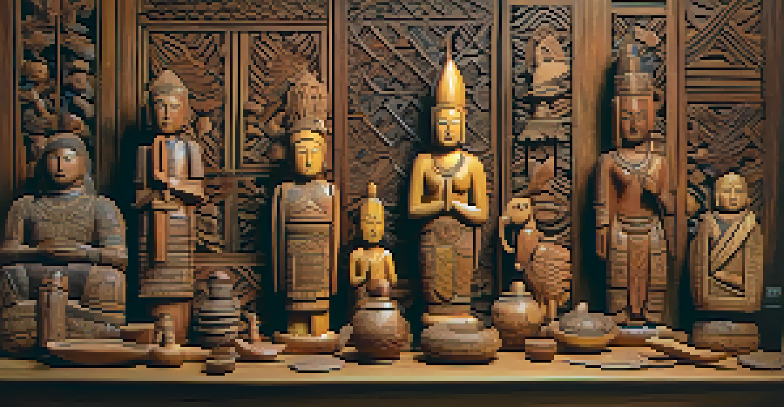 A variety of intricately carved wooden figures from different cultures displayed on a rustic table.