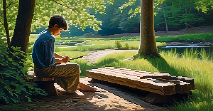 A person sitting on a bench in nature, carving wood with a knife, surrounded by trees and a stream.