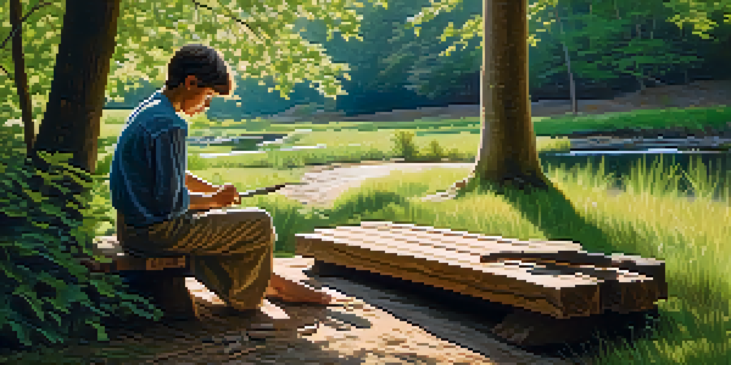 A person sitting on a bench in nature, carving wood with a knife, surrounded by trees and a stream.
