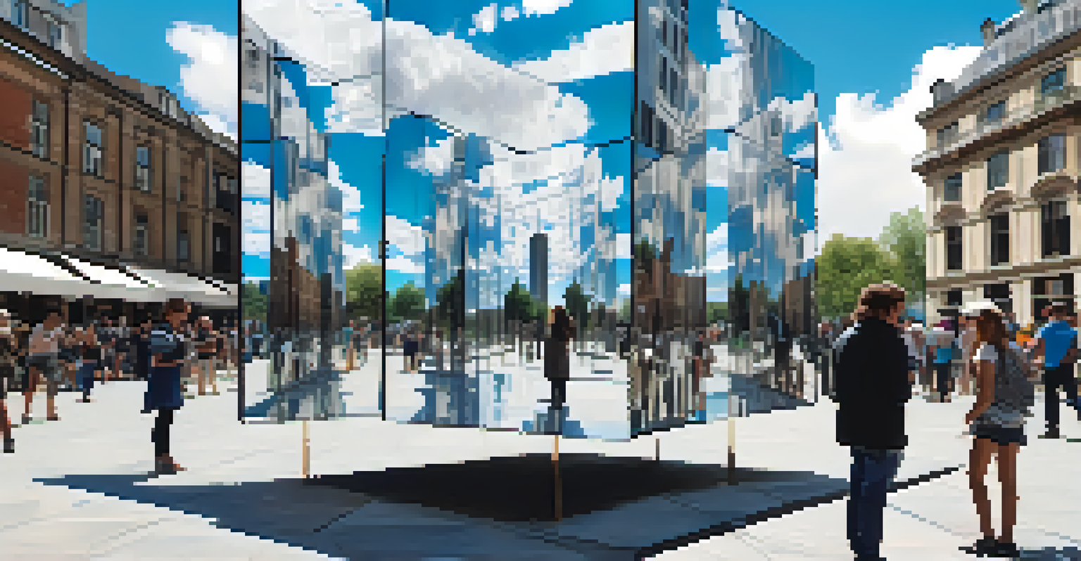 An interactive metal mirror installation in a city square, reflecting the urban landscape and people gathered around.