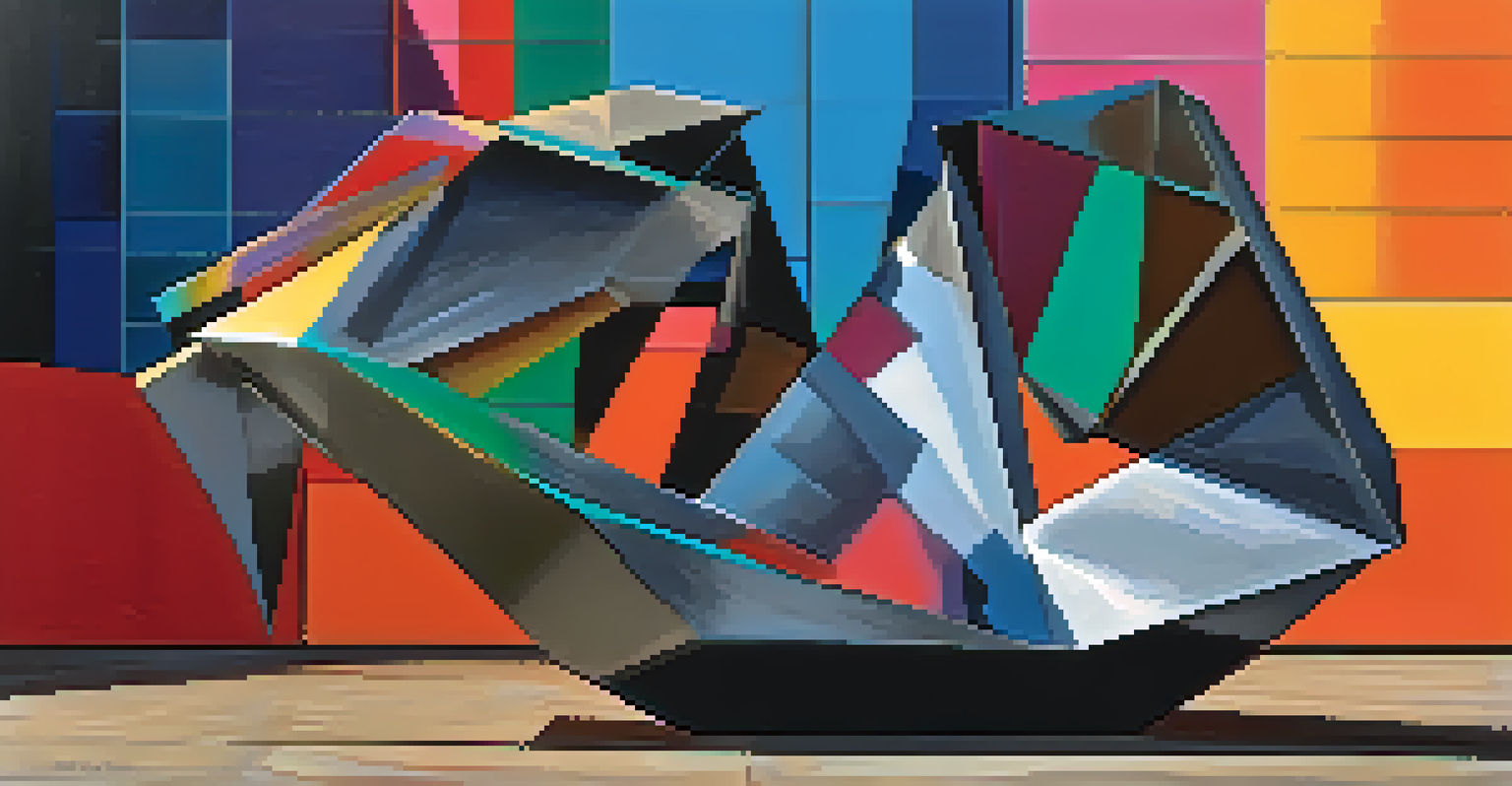 An abstract sculpture made from recycled materials in an industrial setting, showcasing vibrant colors and dynamic shapes.