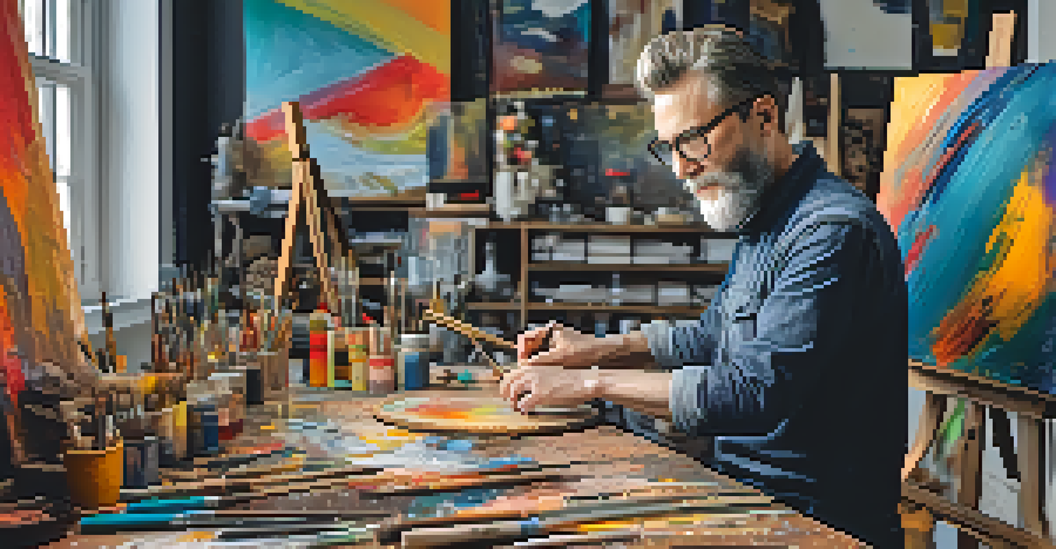 A contemporary artist in a studio using traditional carving techniques with recycled materials to create an abstract sculpture, surrounded by vibrant colors.