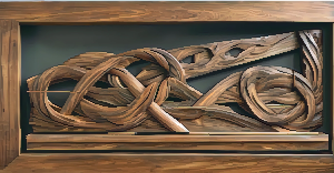A detailed view of a carved reclaimed wood sculpture with intricate textures and warm lighting in a rustic workshop.