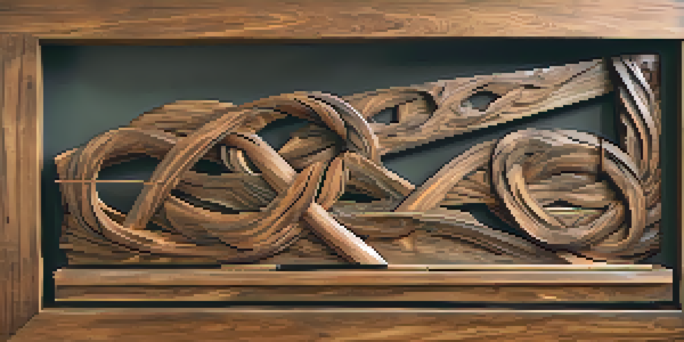 A detailed view of a carved reclaimed wood sculpture with intricate textures and warm lighting in a rustic workshop.