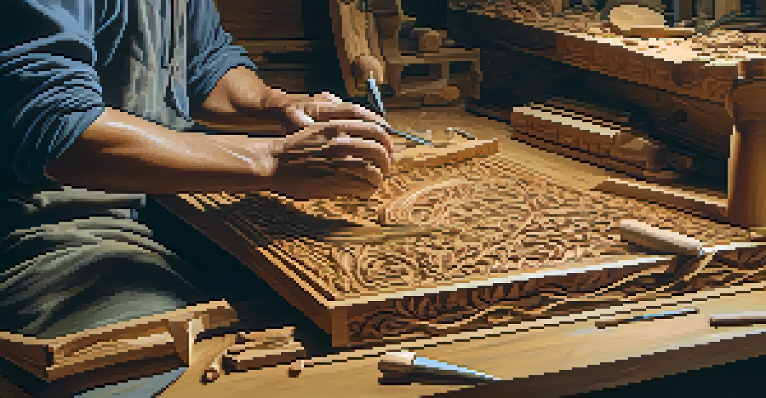 Artisan hand-carving furniture, showing intricate details and scattered wood shavings in a warm workspace.