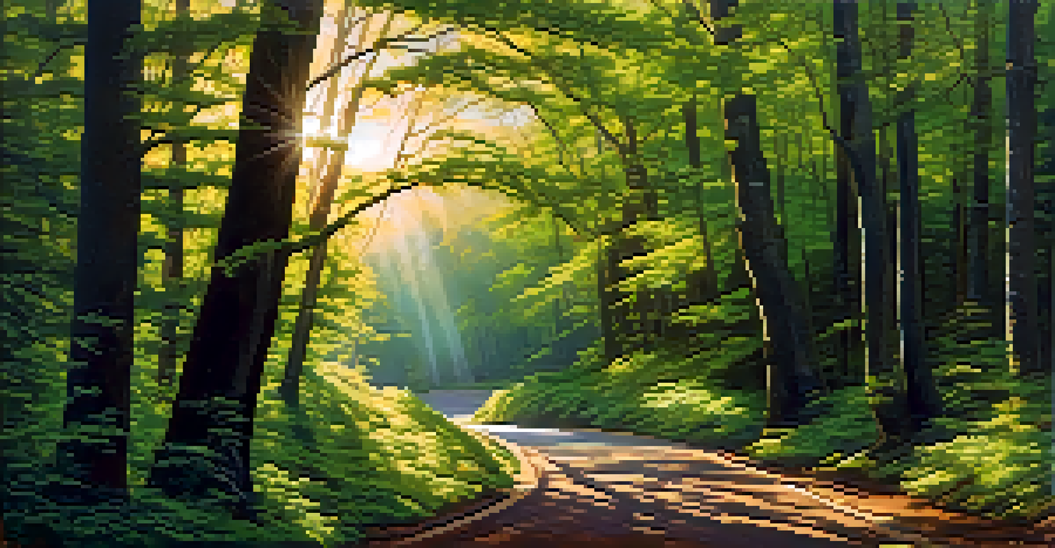 A winding road in a lush forest, illuminated by sunlight filtering through the trees, symbolizing a journey.