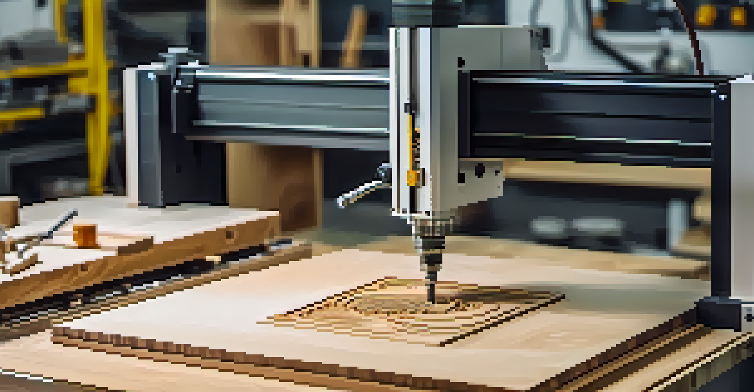A CNC machine carving wood in a workshop, with digital templates visible on a screen.