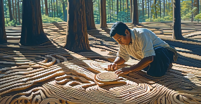 An Indigenous artist carefully carving patterns into cedar wood, surrounded by wood shavings and soft sunlight filtering through trees.