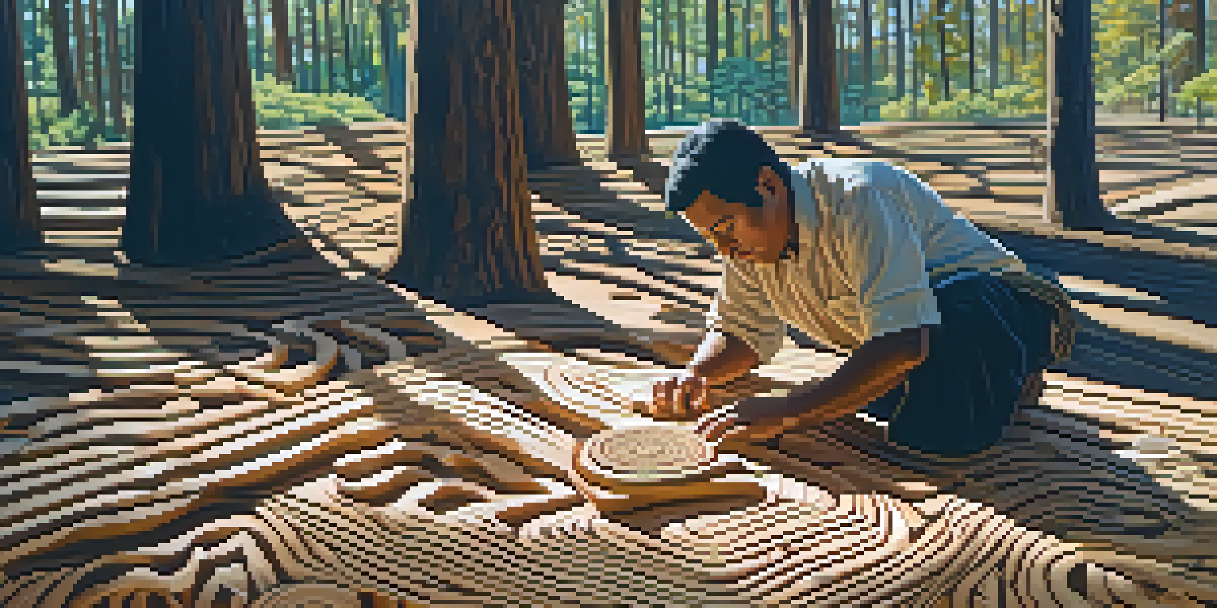 An Indigenous artist carefully carving patterns into cedar wood, surrounded by wood shavings and soft sunlight filtering through trees.