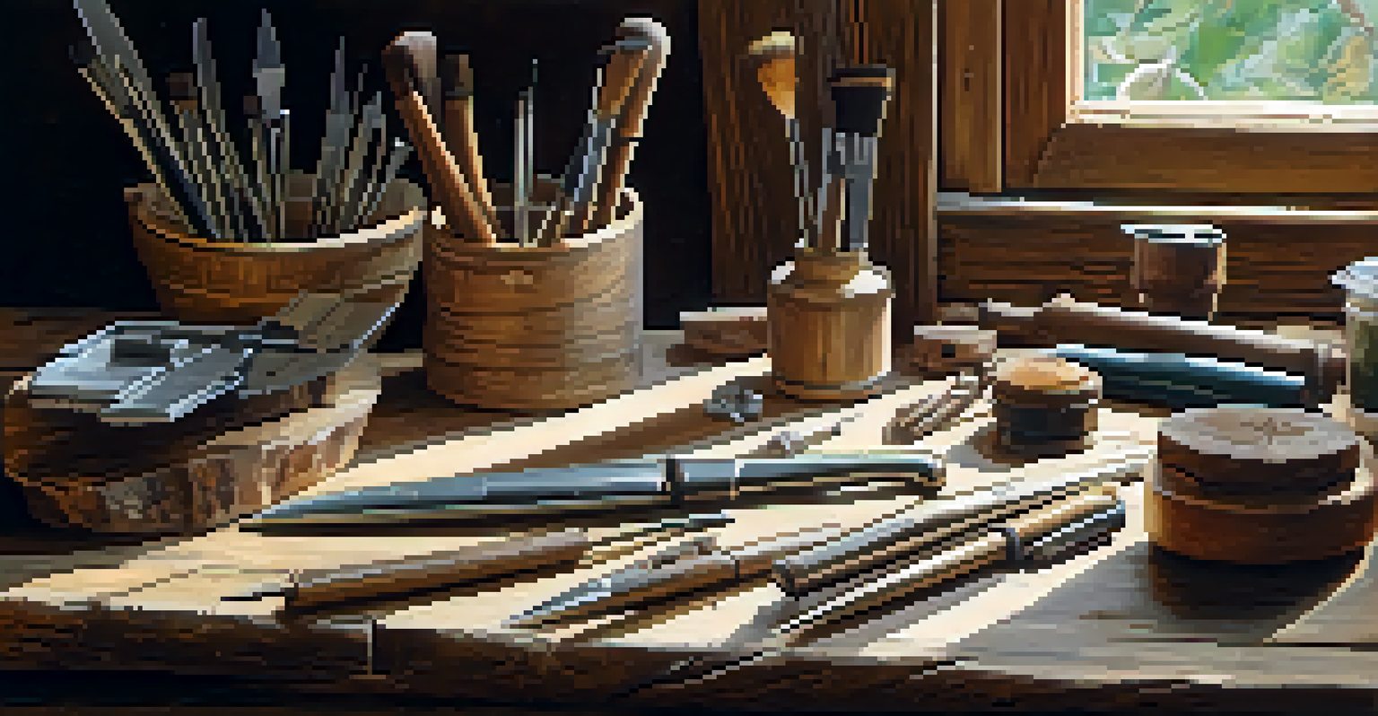 Artist's workspace with carving tools and an aged piece of wood on a rustic table, illuminated by natural light.