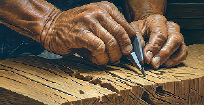 An artisan's hands carving aged wood with visible cracks, surrounded by wood shavings and soft lighting.